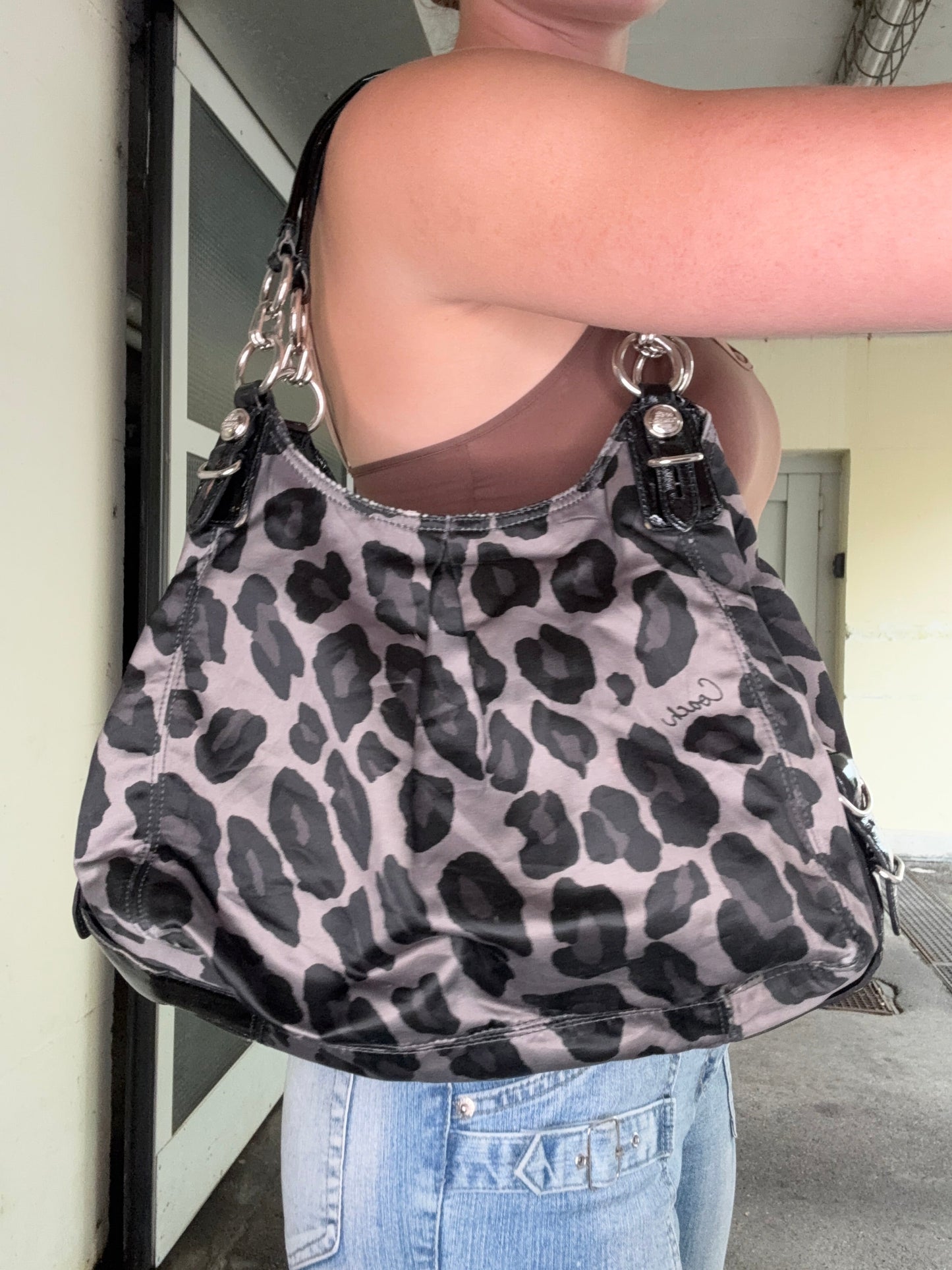 COACH VINTAGE LEOPARD PRINT NYLON HOBO BAG