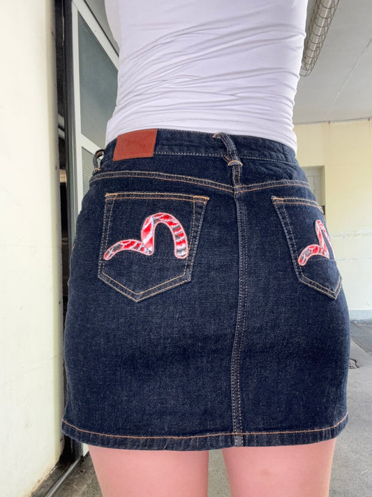 EVISU VINTAGE KOI EMBROIDERED DENIM MINI SKIRT