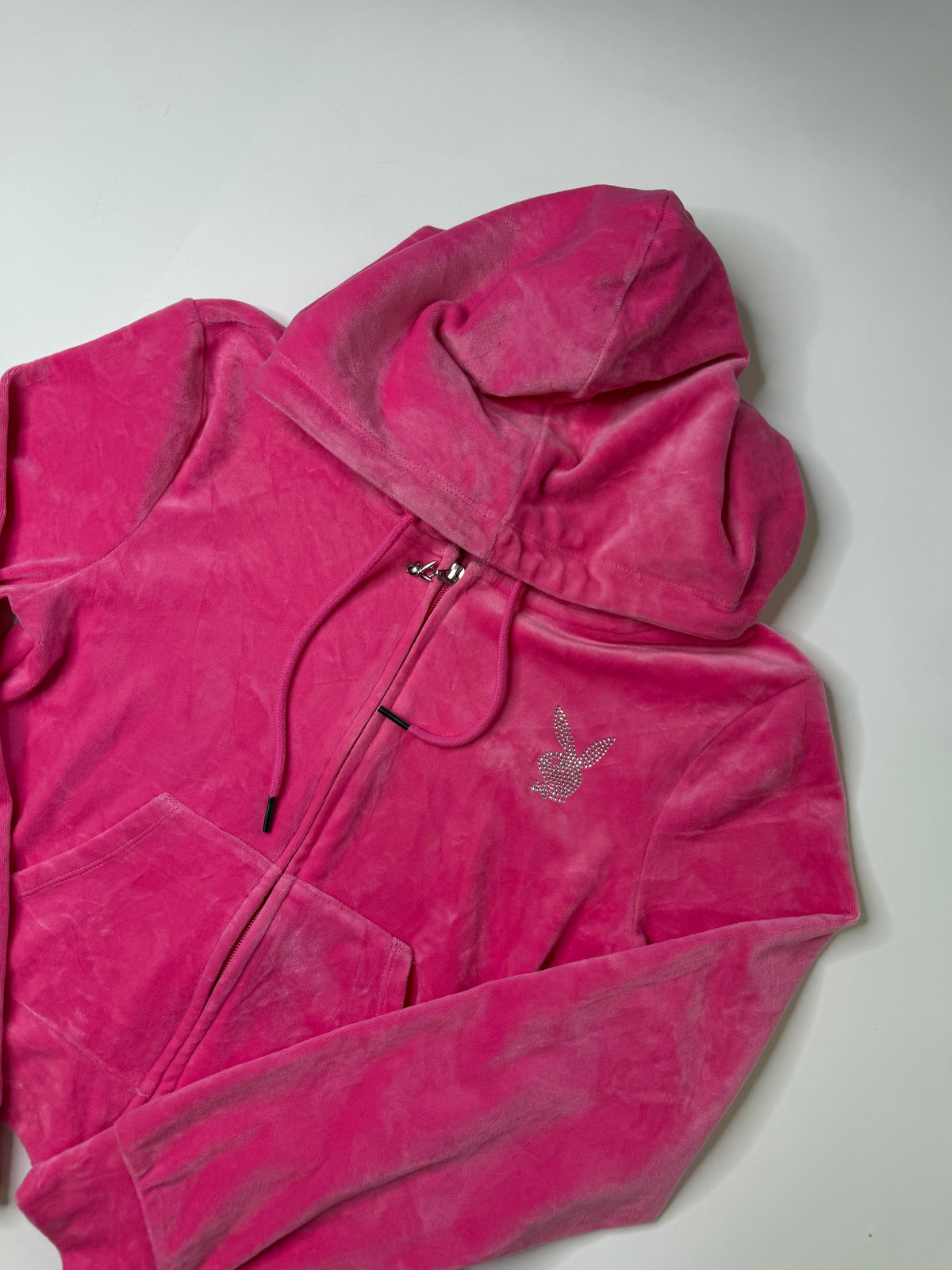 PLAYBOY RHINESTONE BUNNY VELOUR HOODIE PINK (M)