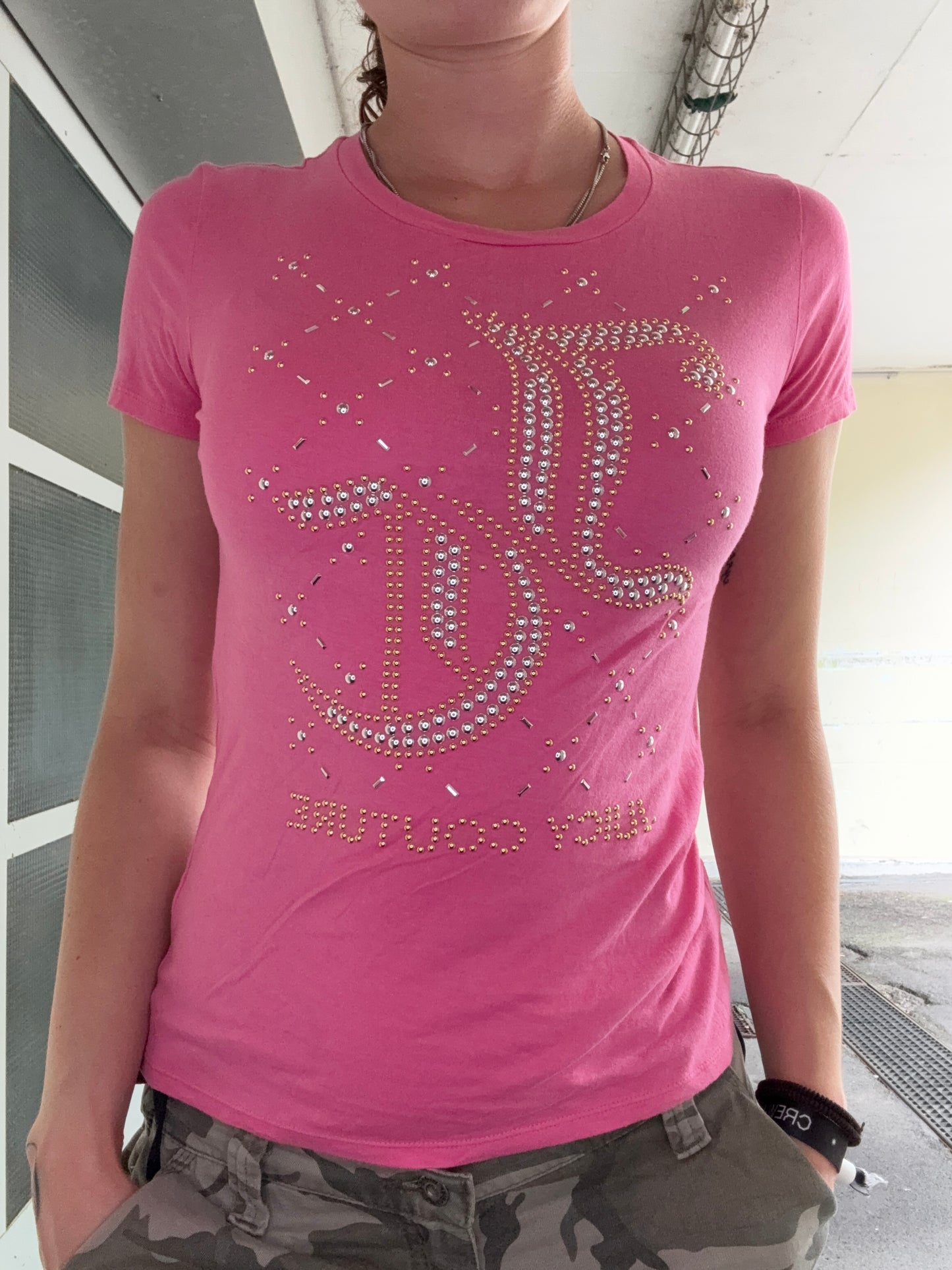 VINTAGE PINK JUICY COUTURE SILVER/GOLD GEMS SHIRT (S)
