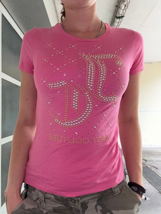 VINTAGE PINK JUICY COUTURE SILVER/GOLD GEMS SHIRT (S)