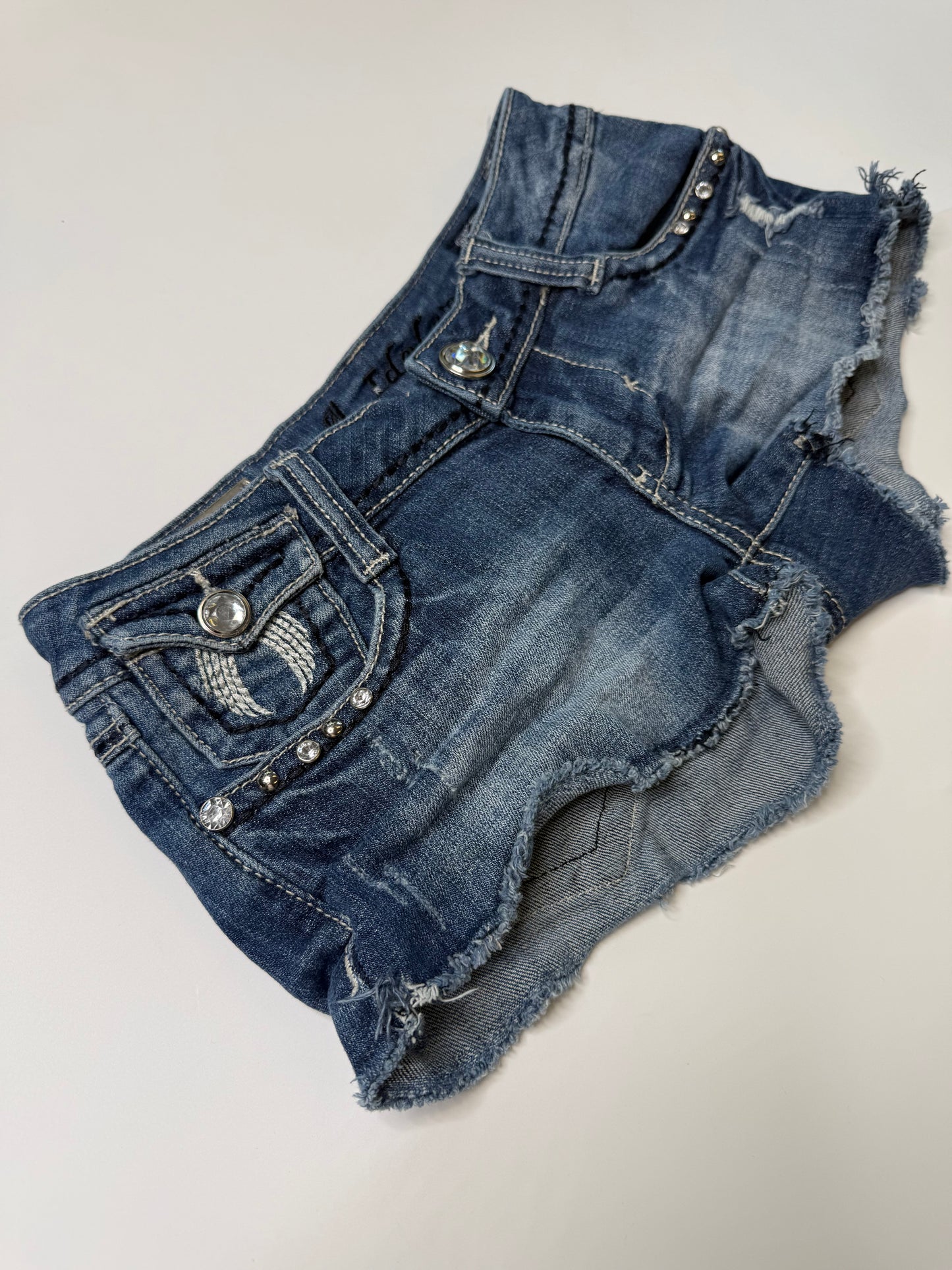 L.A.I. VINTAGE RHINESTONE WING POCKET DENIM SHORTS