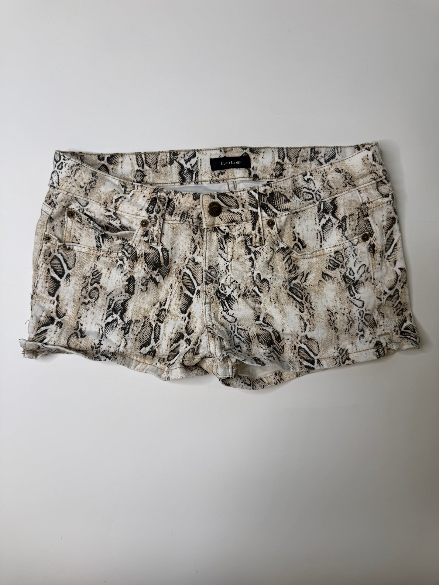 BEBE VINTAGE SNAKESKIN PRINT DENIM SHORTS