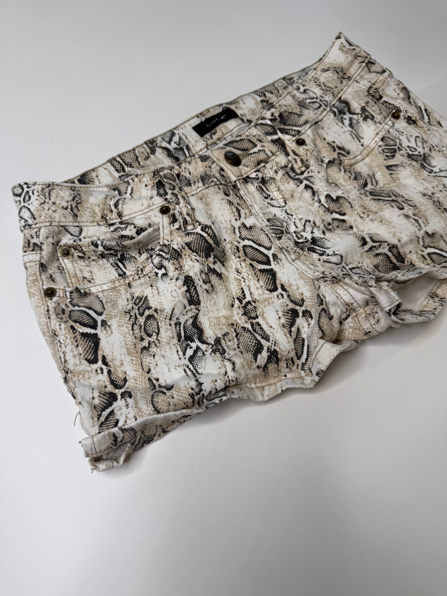 BEBE VINTAGE SNAKESKIN PRINT DENIM SHORTS