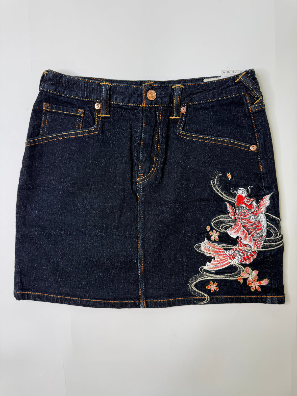 EVISU VINTAGE KOI EMBROIDERED DENIM MINI SKIRT (S)