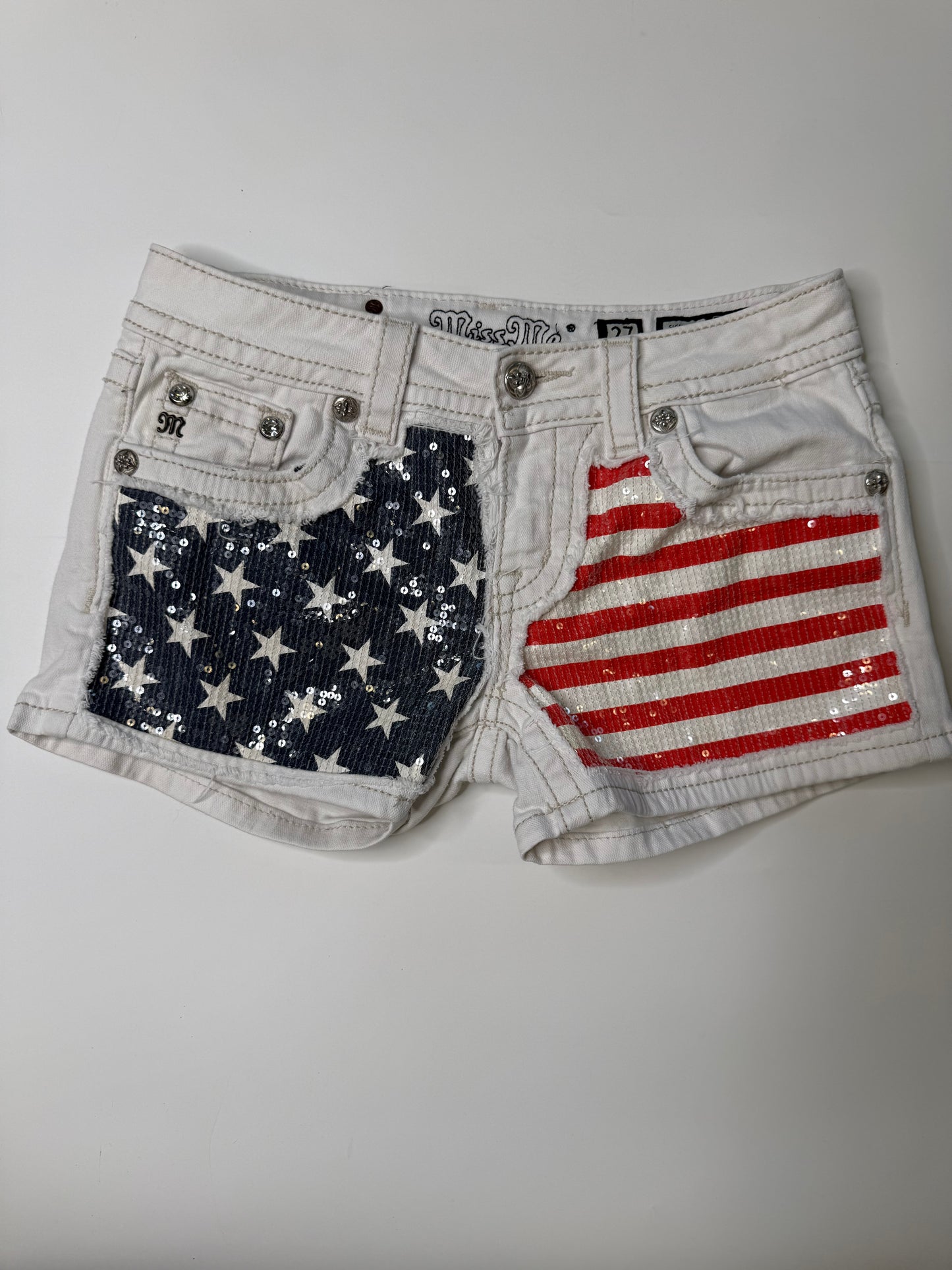 MISS ME VINTAGE AMERICAN FLAG SEQUIN DENIM SHORTS (27)