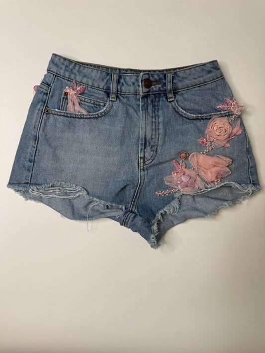 MISS SIXTY VINTAGE PEARL FLORAL DENIM CUTOFF SHORTS