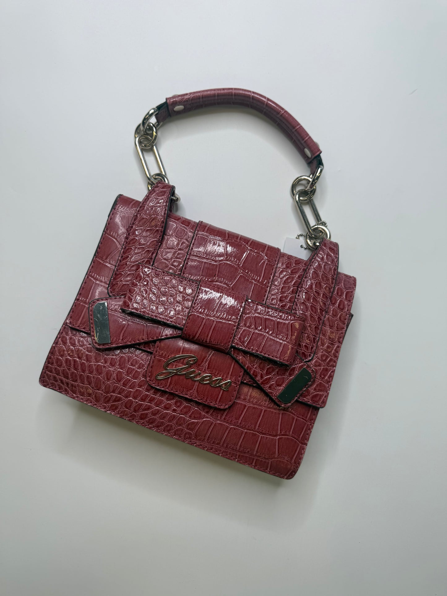 GUESS CROC EMBOSSED BOW BAG – BURGUNDY