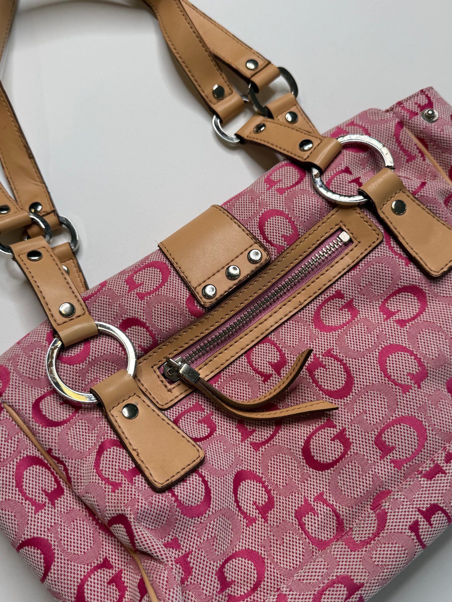 GUESS VINTAGE PINK LOGO JACQUARD TAN TRIM TOTE BAG