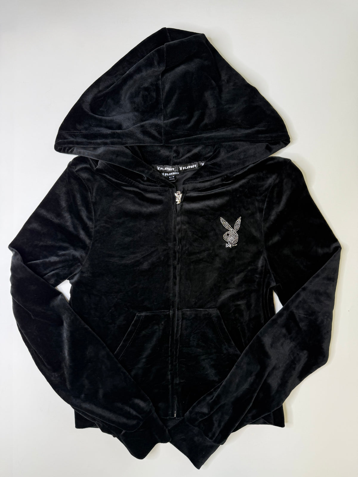 PLAYBOY RHINESTONE BUNNY VELOUR HOODIE HOOD BANDING BLACK (S)