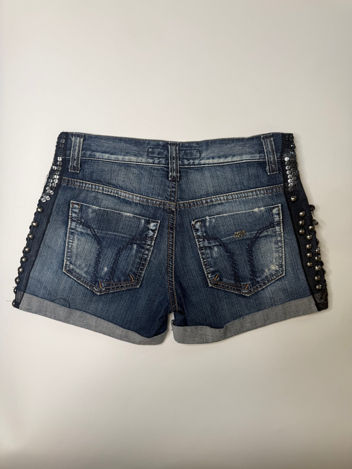 MISS SIXTY VINTAGE STUDDED SEQUIN DENIM SHORTS