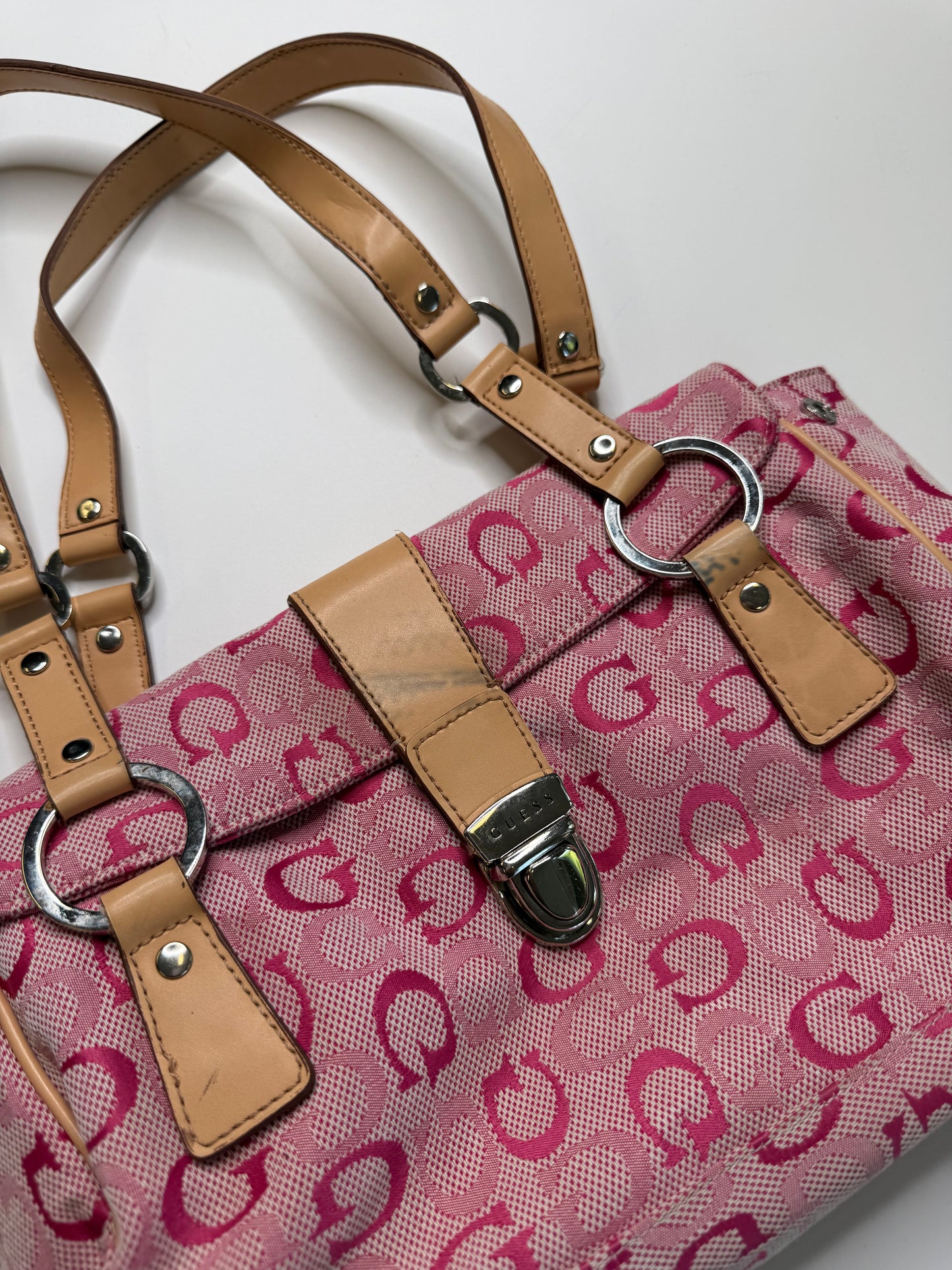 GUESS VINTAGE PINK LOGO JACQUARD TAN TRIM TOTE BAG