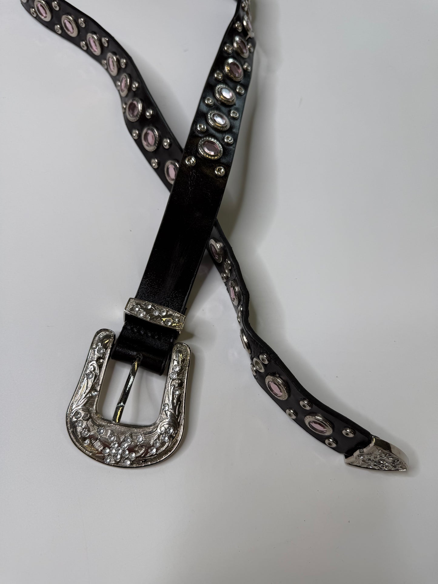 MADONNA RHINESTONE STUDDED WESTERN BELT – SILVER BUCKLE BLACK (S-M)