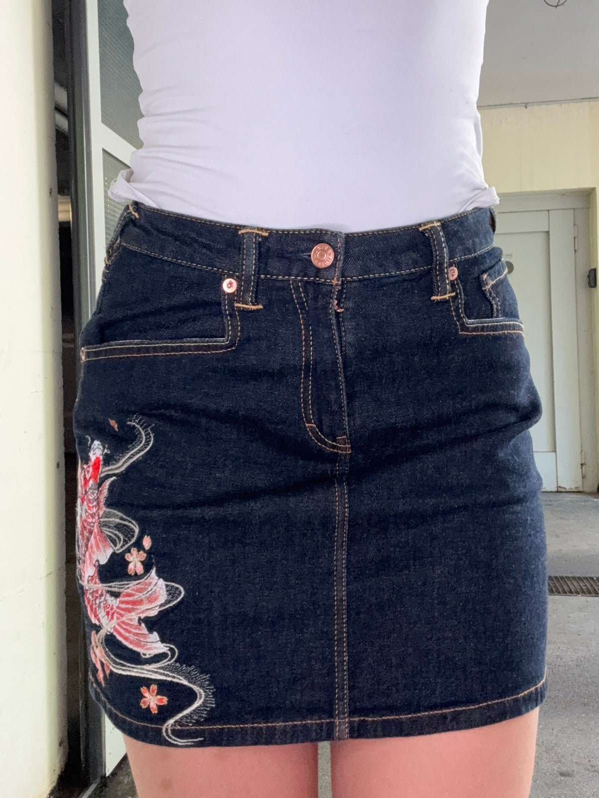EVISU VINTAGE KOI EMBROIDERED DENIM MINI SKIRT