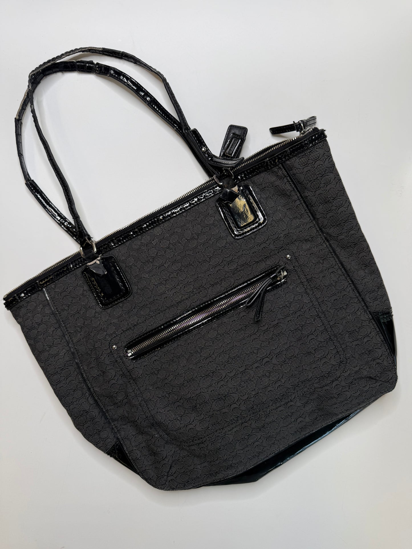 COACH VINTAGE MINI SIGNATURE CANVAS PATENT TRIM TOTE BAG