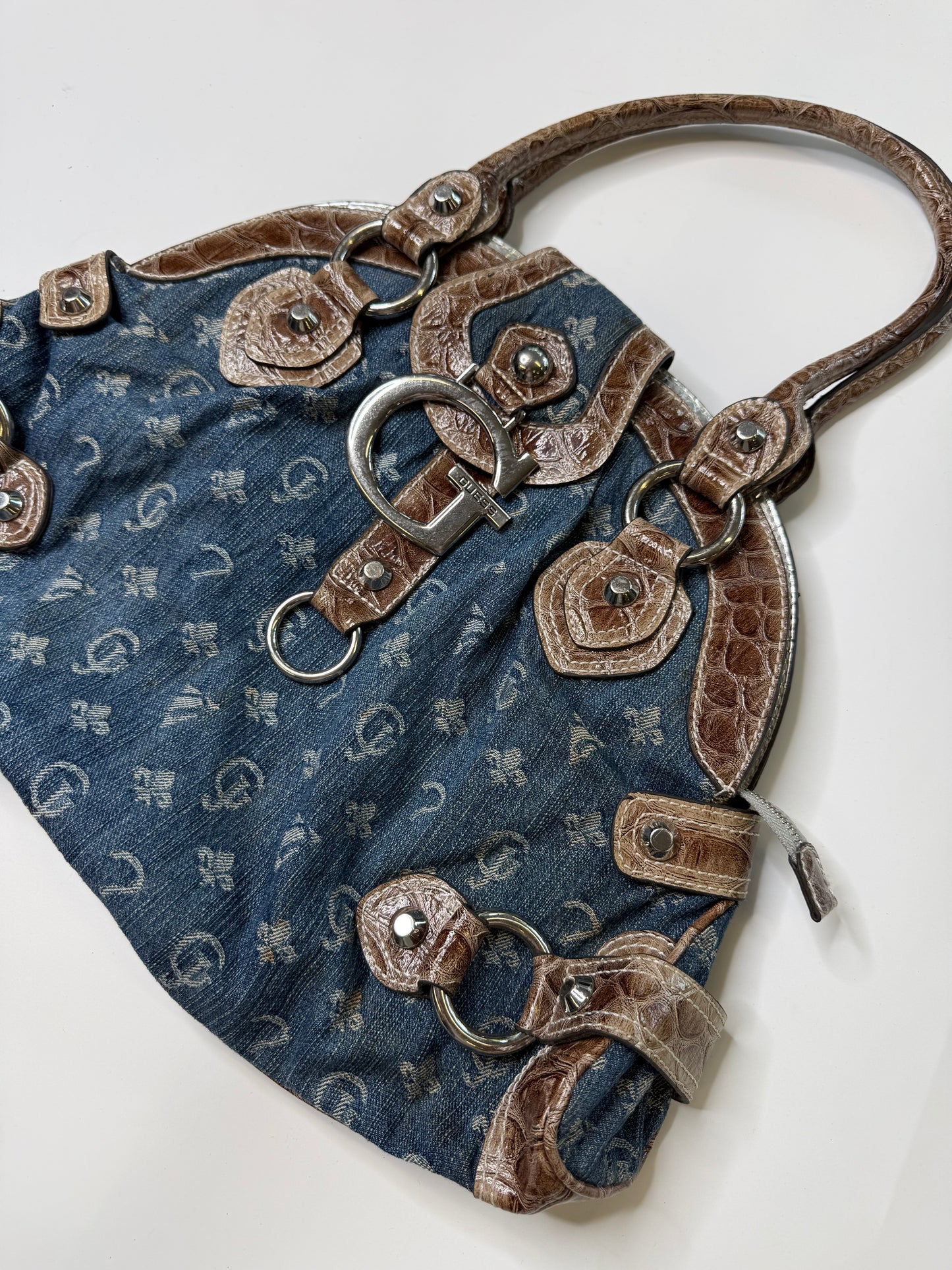 GUESS VINTAGE DENIM CROC-TRIM SATCHEL