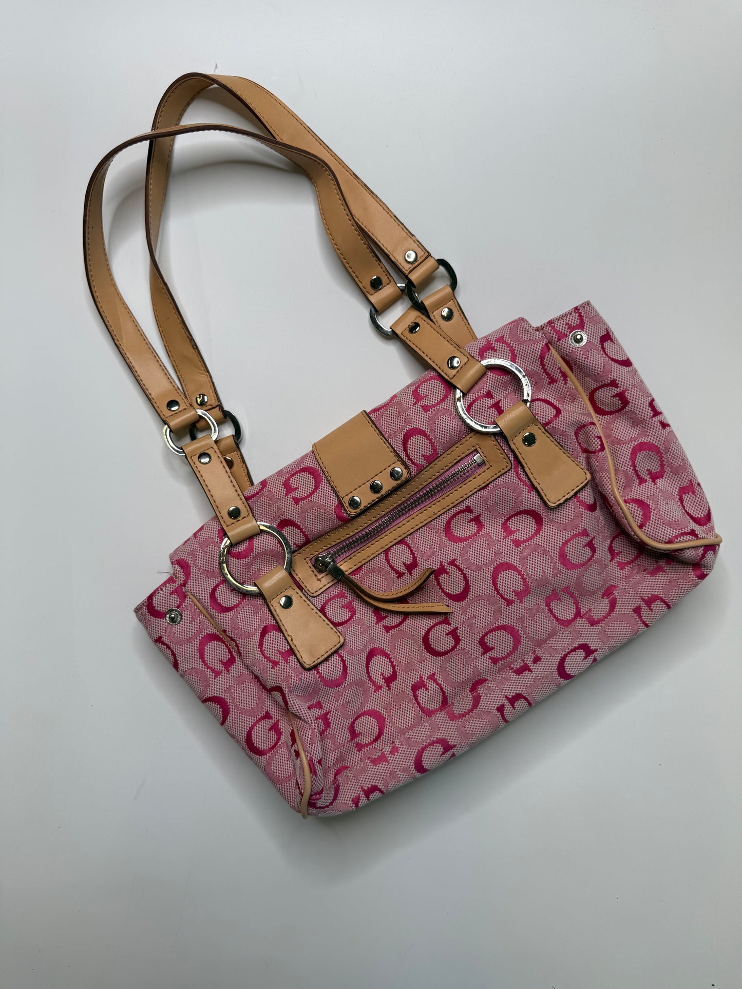 GUESS VINTAGE PINK LOGO JACQUARD TAN TRIM TOTE BAG