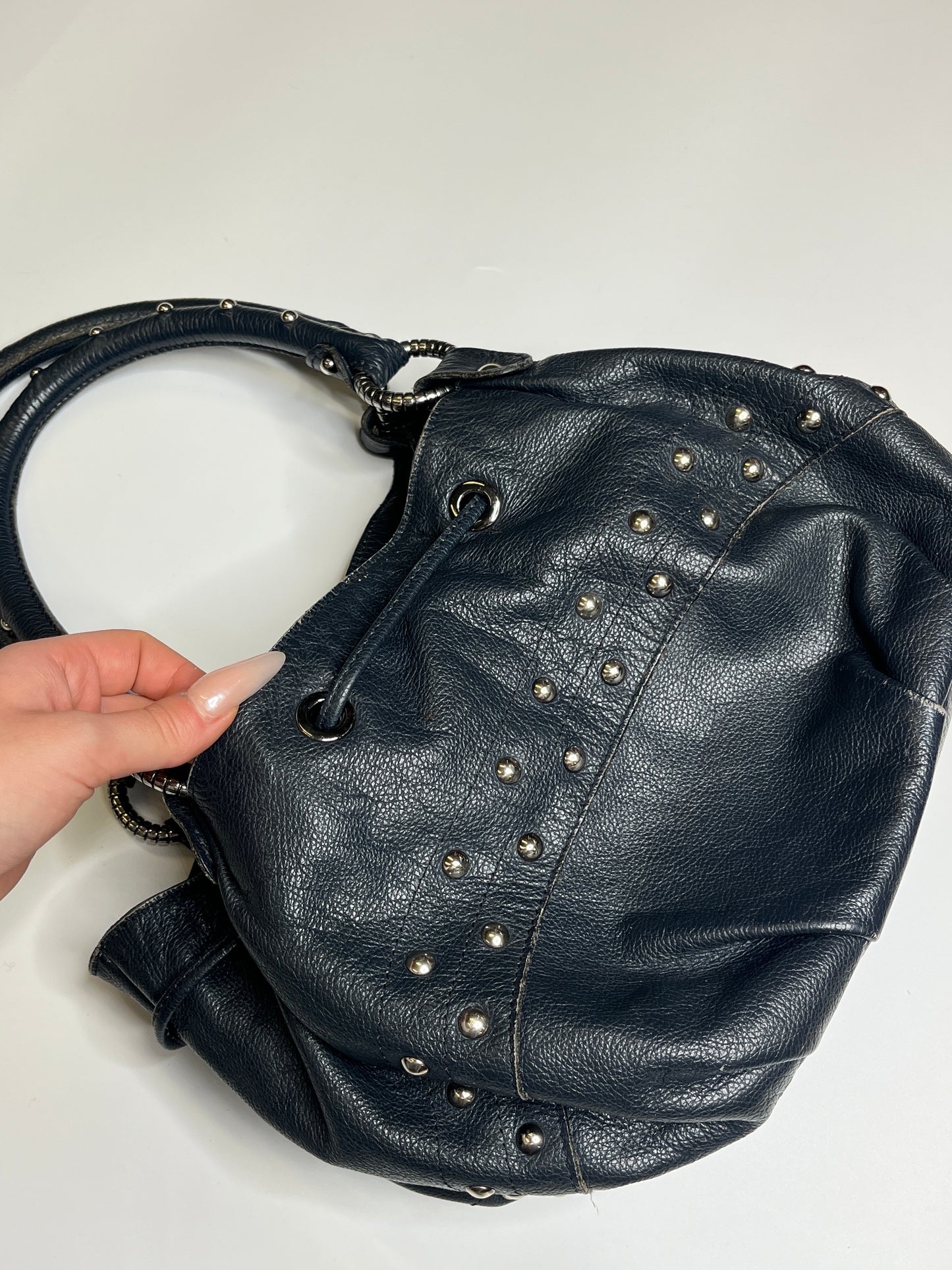 GENUILE LEATHER NAVY BLUE SILVER DOTS PURSE WITH MIRROR