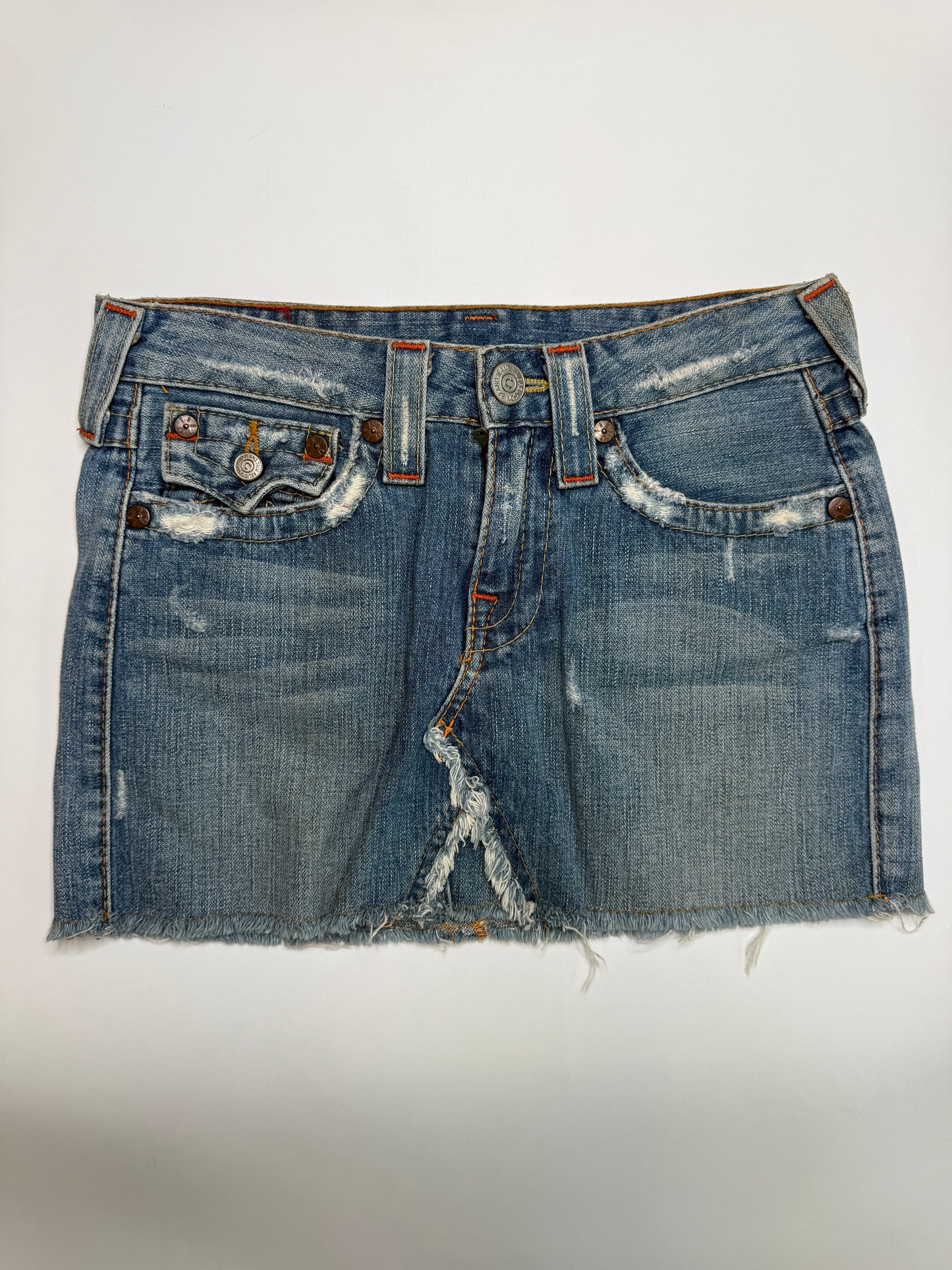 TRUE RELIGION VINTAGE DISTRESSED DENIM MINI SKIRT (25/S-M)